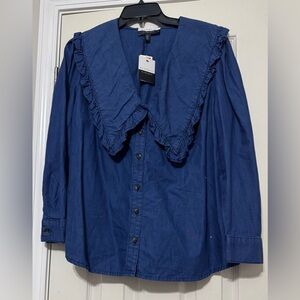 Eloquii Navy Ruffled Collar Shirt